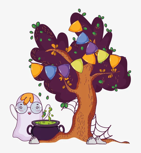 Cute ghost with tree and soup pot halloween cartoon vector illustration graphic design
