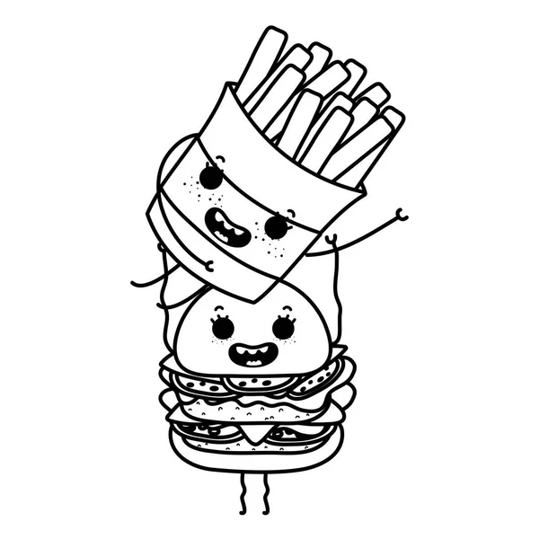 Line Kawaii Glad Frites Franska Med Hamburger Vektorillustration — Stock vektor