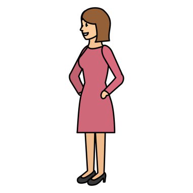 elbise ve kısa saç modeli vektör çizim ile mutlu kadın renk