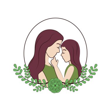 Annesi onun kızı ve yaprakları dalları dekorasyon vektör çizim ile