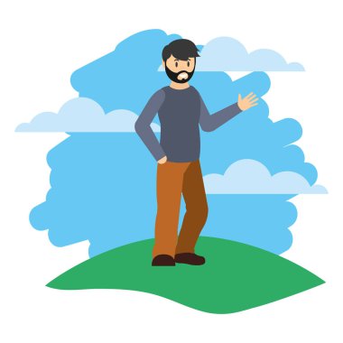 mutlu bir adam saç modeli ile peyzaj vektör çizim giysilerle