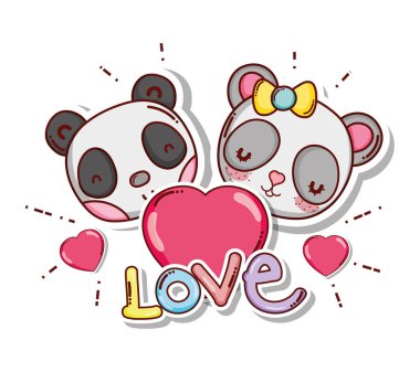 Panda ayıları çift vektör çizim grafik tasarım ile şirin ve güzel kart