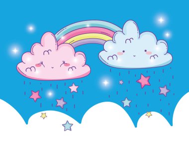 şirin rainbow kabarık bulutlar ve yıldız vektör çizim ile