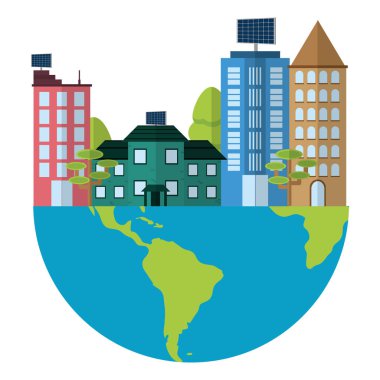 küresel dünya gezegen bina ve ev vektör çizim ile