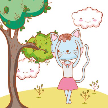bulutlar ve ağaç vektör çizim ile dans şirin dişi kedi