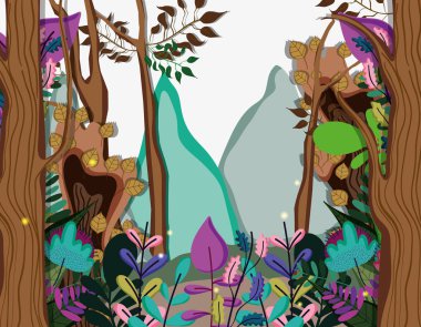 Güzel orman sahne karikatür vektör çizim grafik tasarım