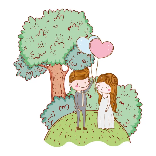 Homme Femme Avec Ballon Coeur Illustration Vectorielle Arbre — Image vectorielle