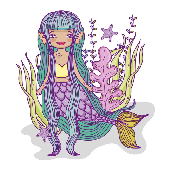 Linda Sirenita Con Dibujos Animados Mar Fantasía Dibujos Vector Ilustración — Vector de stock