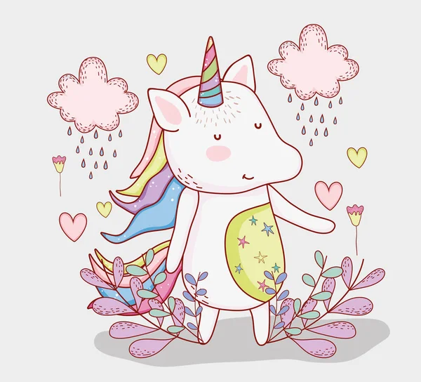 Nice Unicorn Clouds Raining Plants Vector Illustration — Stock Vector