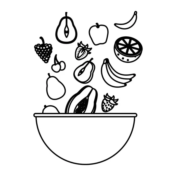 Line Delicious Organic Fruit Falling Bowl Vector Illustration — Stock Vector