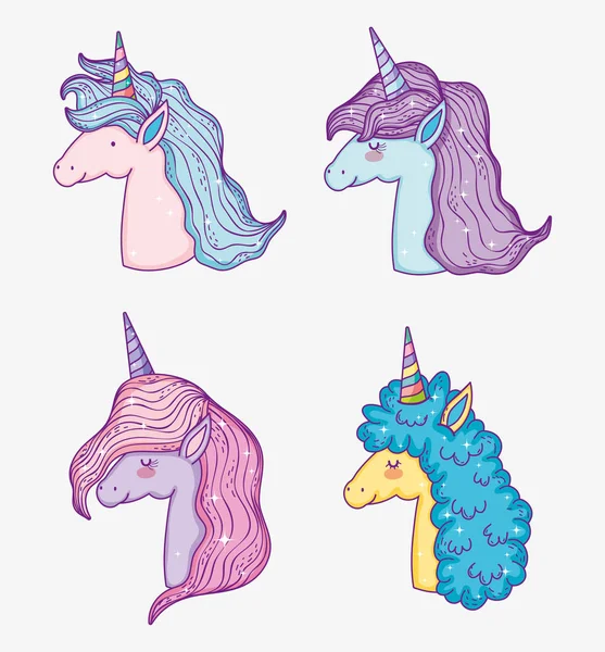 Set Unicorn Animals Horn Mane Vector Illustration - Stok Vektor