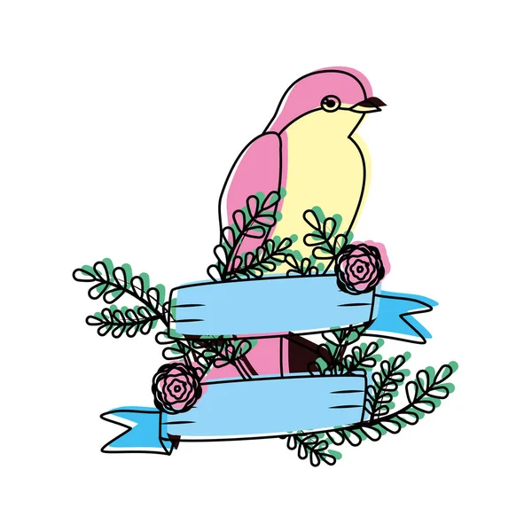 Verplaatste Kleur Vogel Dier Met Bloemen Bladeren Takken Lint Vectorillustratie — Stockvector