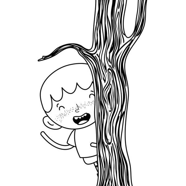 Linha Feliz Criança Menino Volta Tronco Árvore Vetor Ilustração —  Vetores de Stock