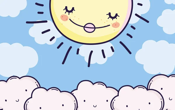 Lindas Nubes Esponjosas Feliz Sol Vector Ilustración — Vector de stock