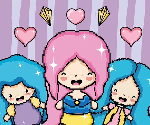Princesas Arte Pixel Com Corações Diamantes Personagem Vetor Ilustração Design — Vetor de Stock