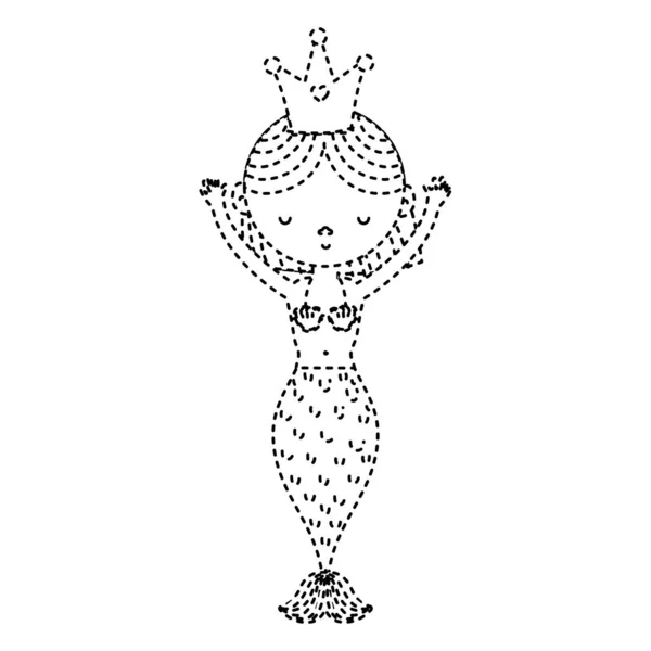 Forme Pointillée Sirène Femme Heureuse Avec Couronne Mains Vers Haut — Image vectorielle