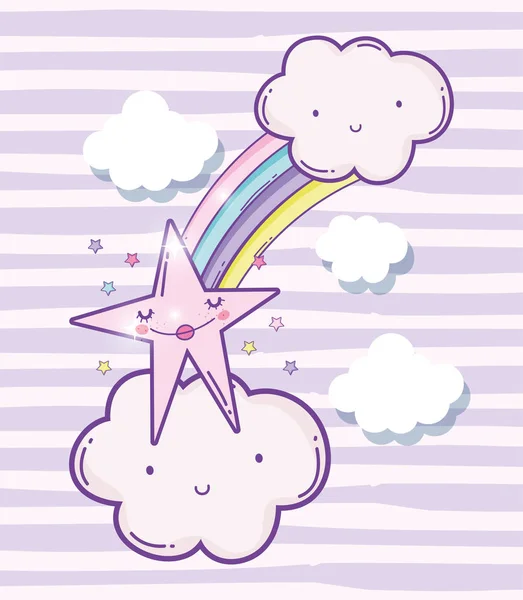 Schattig Pluizige Wolken Met Regenboog Schoonheid Sterren Vectorillustratie — Stockvector