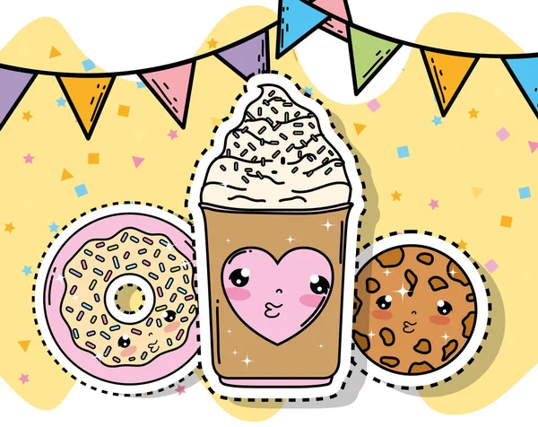 Kawaii Süßes Eis Mit Donut Und Keksen Der Party Banner — Stockvektor