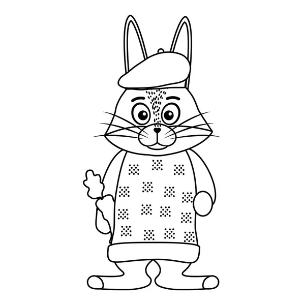 Linea Personaggio Coniglio Animale Con Maglione Cappello Vettoriale Illustrazione — Vettoriale Stock