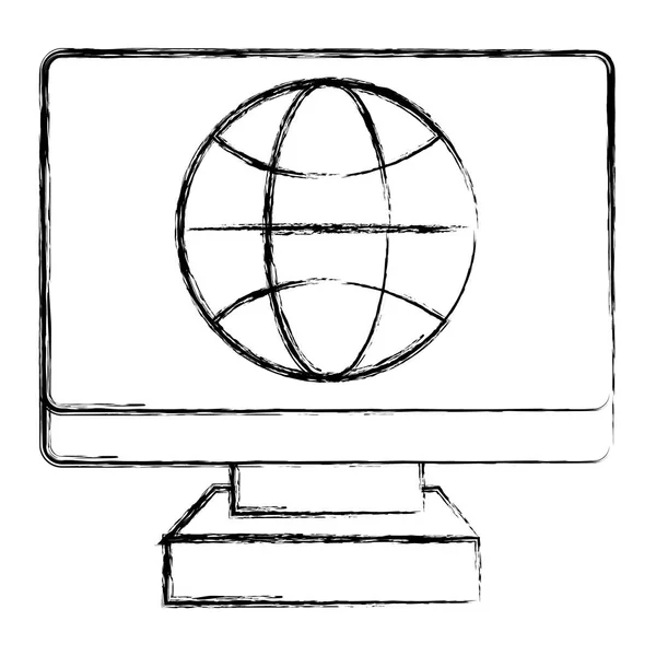 Grunge Elektronisk Skärm Dator Med Global Anslutning Vektorillustration — Stock vektor