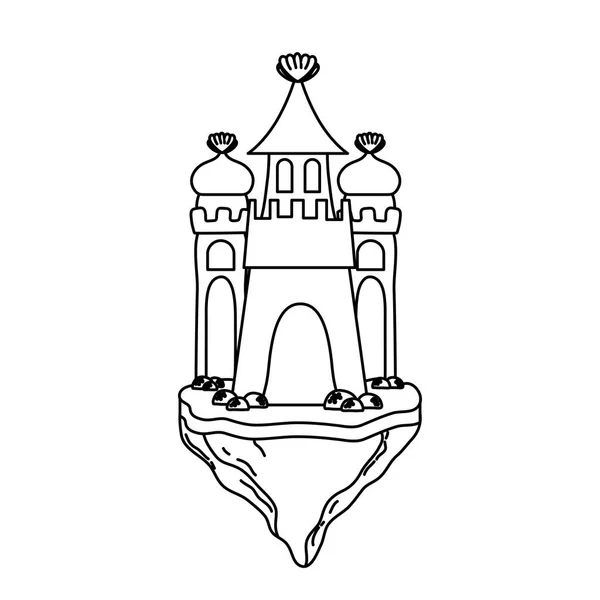 Linha Bonito Castelo Medieval Flutuante Sland Vetor Ilustração — Vetor de Stock