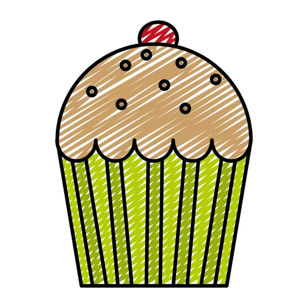 Doodle Deliciosa Sobremesa Muffin Doce Com Ilustração Vetor Cereja — Vetor de Stock