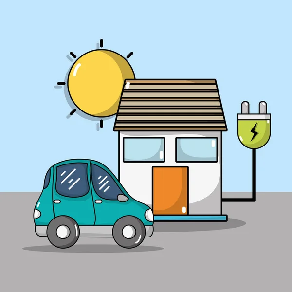 electric car and house with power cable vector illustration