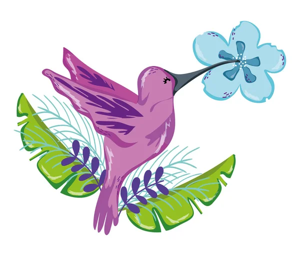Bellissimo Uccello Viola Esotico Foglie Tropicali Fumetto Vettore Illustrazione Grafica — Vettoriale Stock