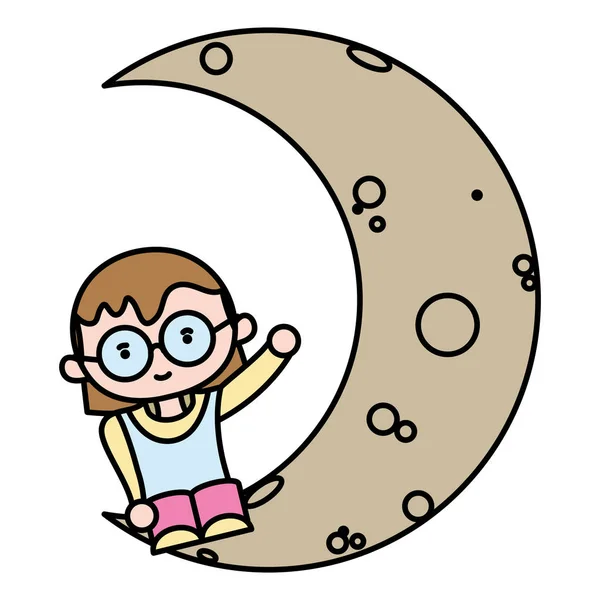 Farbe Mädchen Frisur Und Brille Sitz Mond Vektor Illustration — Stockvektor
