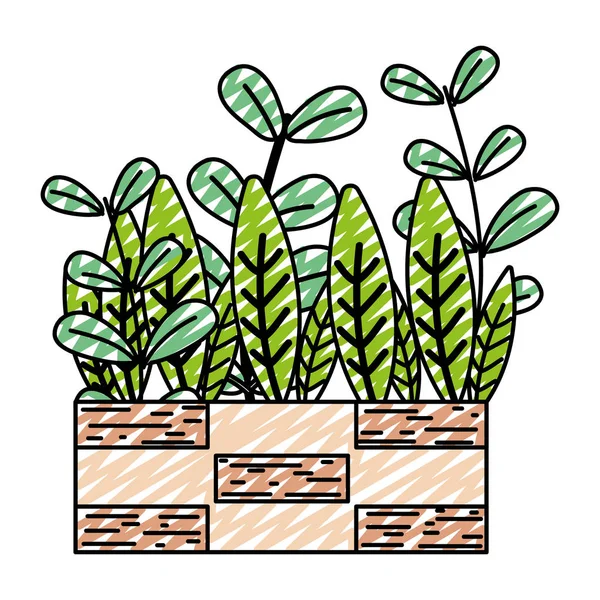 Doodle Folhas Plantas Naturais Dentro Madeira Flowerpot Vetor Ilustração —  Vetores de Stock