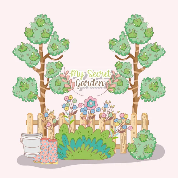 Trees Wood Fence Flowers Plants Vector Illustration — Stock Vector