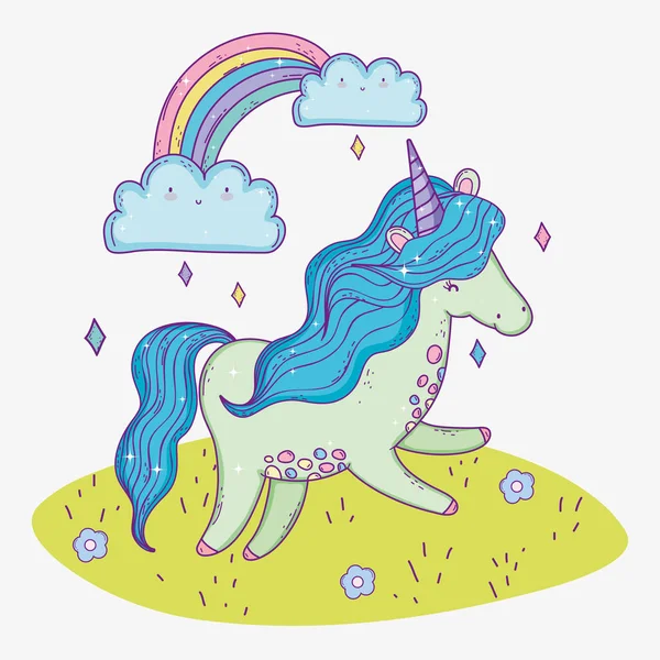 Schattig Unicorn Dier Regenboog Met Wolken Vectorillustratie — Stockvector