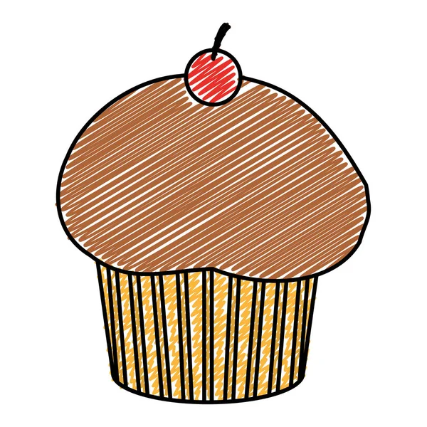 Doodle Köstliche Muffin Bäckerei Dessert Mit Kirschvektor Illustration — Stockvektor