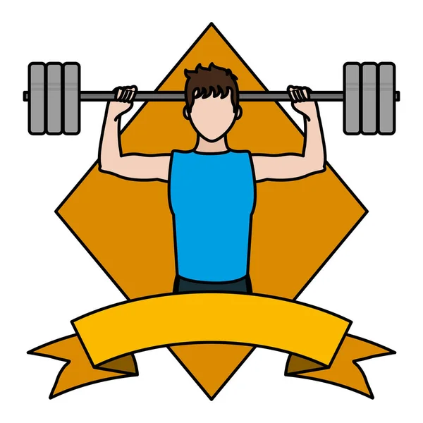 Color Man Lifting Weights Emblem Ribbon Vector Illustration — Stock Vector