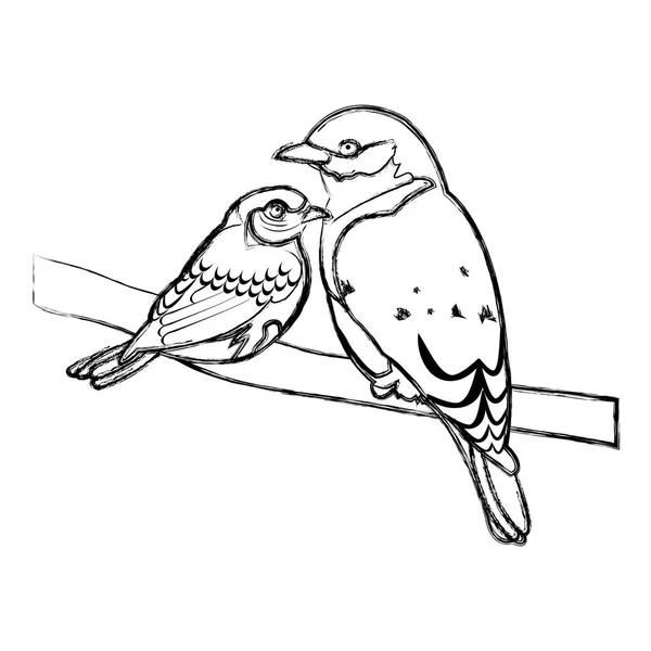 Grunge Schoonheid Bird Dier Met Haar Zoon Branch Vectorillustratie — Stockvector