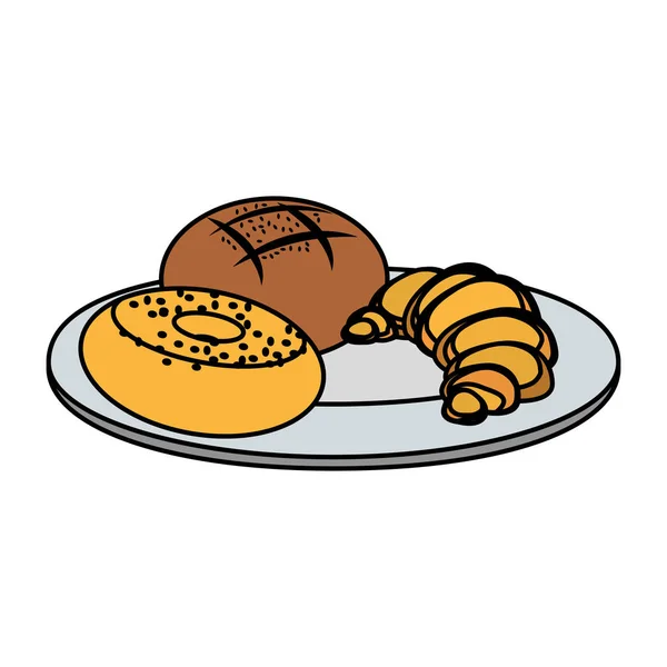 ベーグルとクロワッサンとブールをカラー プレートのベクトル図にパン — ストックベクタ