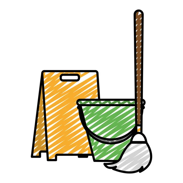 Doodle Mop Con Cautela Incontrato Pavimento Secchio Oggetto Vettoriale Illustrazione — Vettoriale Stock