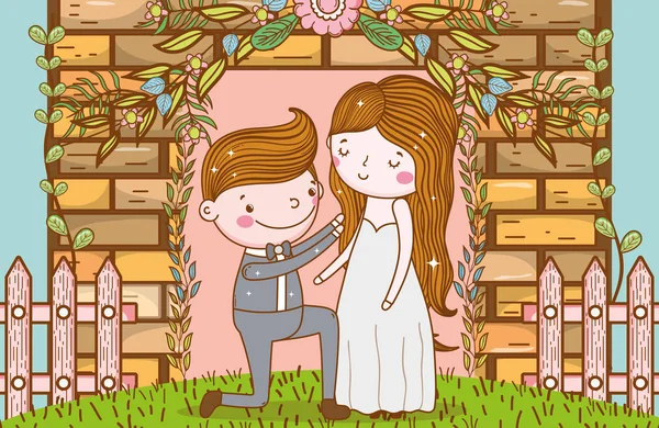 Mann Und Frau Hochzeit Mit Ziegelwand Vektorillustration — Stockvektor