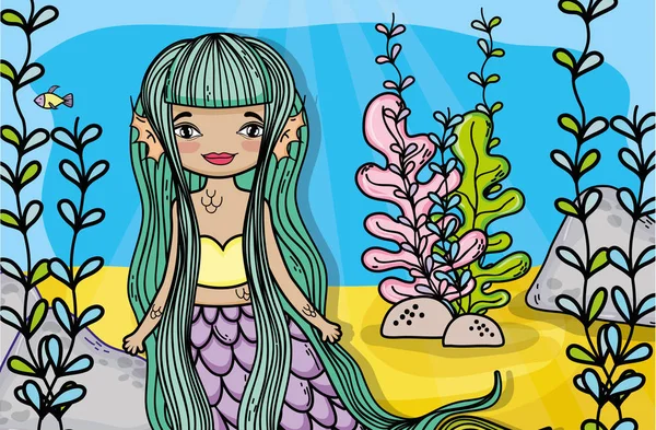 熱帯植物のベクトル図と美しい女性の人魚 — ストックベクタ
