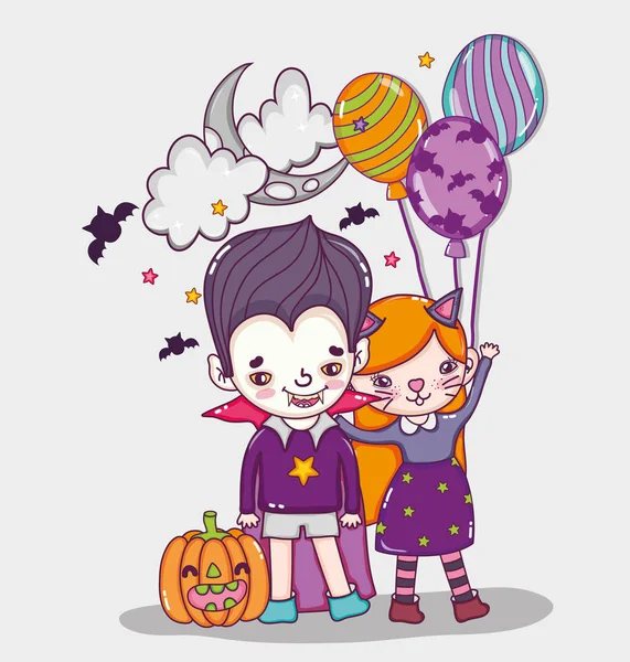 Halloween Vampiro Chico Chica Con Globos Lindos Dibujos Animados Vector — Archivo Imágenes Vectoriales