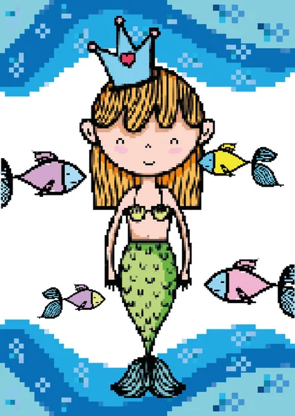 Pixel Art Cute Mermaid Princess Vector Illustration Graphic Design — Stock Vector