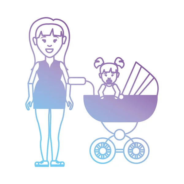 Linie Mutter Mit Ihrer Tochter Kinderwagen Design Vektor Illustration — Stockvektor