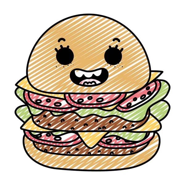 Doodle Kawaii Happy Hamburger Gustoso Fastfood Vettoriale Illustrazione — Vettoriale Stock