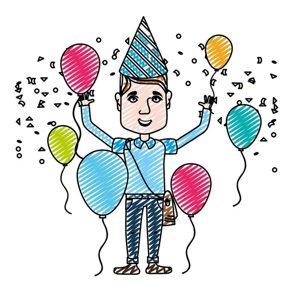 Doodle Człowiek Obchodzi Urodziny Balonów Ilustracja Kapelusz Wektor — Wektor stockowy