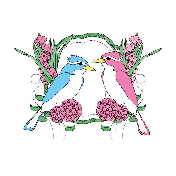 Paar Vogel Tier Mit Blumen Dekoration Vektor Illustration — Stockvektor