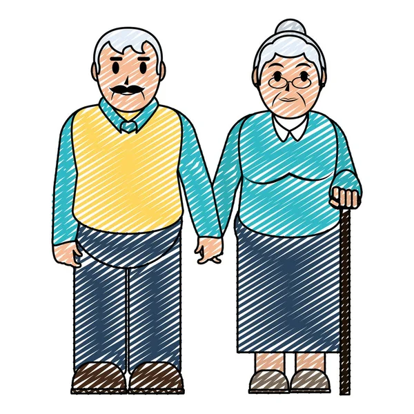 Doodle Old Couple Together Casual Clothes Vector Illustration — Stock Vector