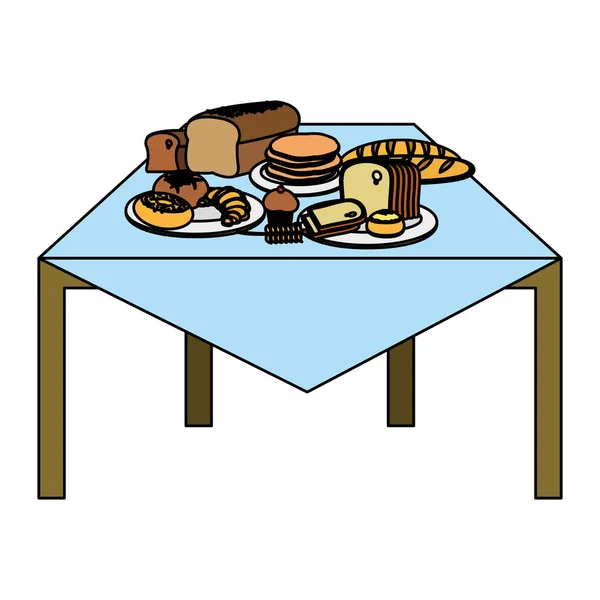 テーブルのベクトル図に色おいしい Aand 焼きたてのパン料理 — ストックベクタ