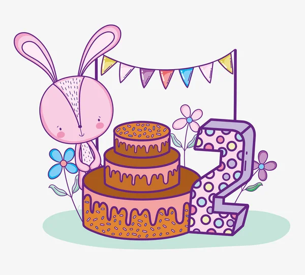 Felice Compleanno Del Coniglio Due Anni Con Illustrazione Vettoriale Torta — Vettoriale Stock