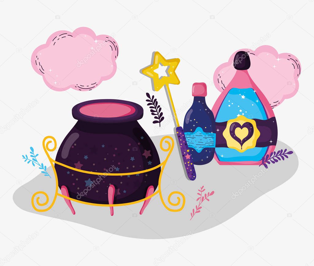 cauldron with magic wand and mystery potions vector illustration