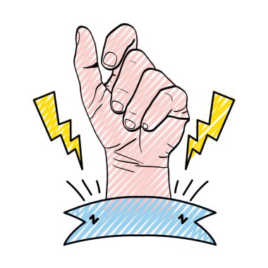 Doodle kişi el oppose ışınları ve şerit vektör çizim ile